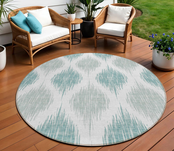 Homeroots 3' Stylish Artichoke Green Ivory Gray Ikat Washable Area Rug For Indoor Outdoor Spaces, Durable Design 8' Round Polyester 589070