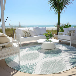 Homeroots 3' Stylish Artichoke Green Ivory Gray Ikat Washable Area Rug For Indoor Outdoor Spaces, Durable Design 8' Round Polyester 589070