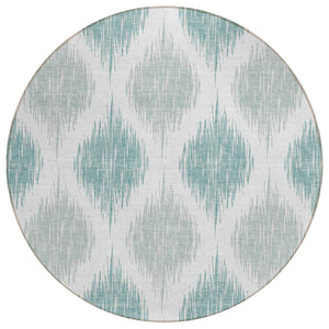 HomeRoots 5' Aqua Teal Blue and Ivory Ikat Area Rug - Stylish, Washable, Durable for Indoor or Outdoor Spaces 8' Round 589070