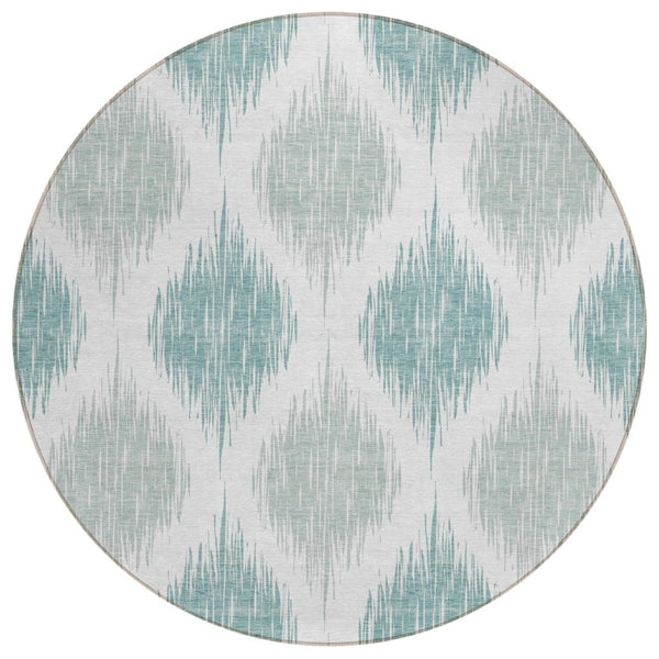 HomeRoots 5' Aqua Teal Blue and Ivory Ikat Area Rug - Stylish, Washable, Durable for Indoor or Outdoor Spaces 8' Round 589070