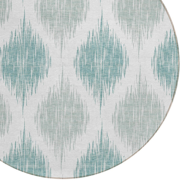 Homeroots 3' Stylish Artichoke Green Ivory Gray Ikat Washable Area Rug For Indoor Outdoor Spaces, Durable Design 8' Round Polyester 589070