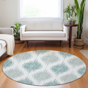 Homeroots 3' Stylish Artichoke Green Ivory Gray Ikat Washable Area Rug For Indoor Outdoor Spaces, Durable Design 8' Round Polyester 589070