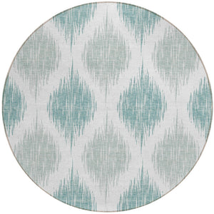 Homeroots 3' Stylish Artichoke Green Ivory Gray Ikat Washable Area Rug For Indoor Outdoor Spaces, Durable Design 8' Round Polyester 589070