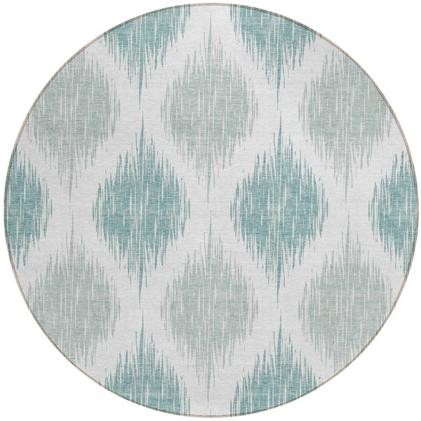 Homeroots 3' Stylish Artichoke Green Ivory Gray Ikat Washable Area Rug For Indoor Outdoor Spaces, Durable Design 8' Round Polyester 589070