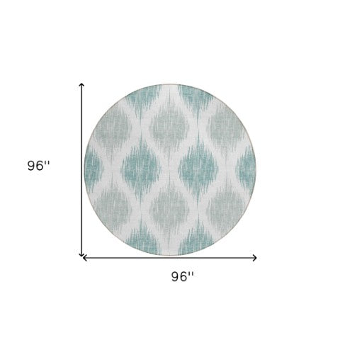 Homeroots 3' Stylish Artichoke Green Ivory Gray Ikat Washable Area Rug For Indoor Outdoor Spaces, Durable Design 8' Round Polyester 589070
