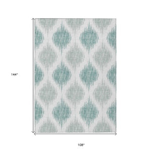 Homeroots 3' Stylish Artichoke Green Ivory Gray Ikat Washable Area Rug For Indoor Outdoor Spaces, Durable Design 9' X 12' Polyester 589072