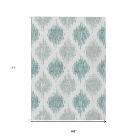 Homeroots 3' Stylish Artichoke Green Ivory Gray Ikat Washable Area Rug For Indoor Outdoor Spaces, Durable Design 9' X 12' Polyester 589072