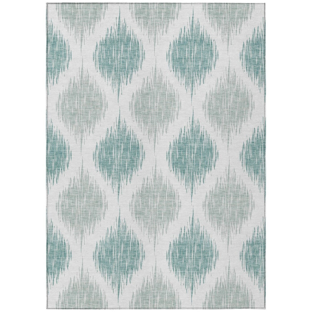 HomeRoots 5' Aqua Teal Blue and Ivory Ikat Area Rug - Stylish, Washable, Durable for Indoor or Outdoor Spaces 10' X 14' 589073