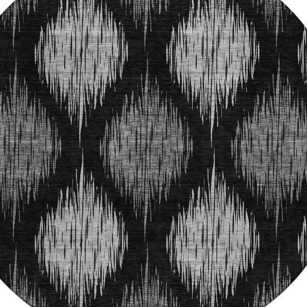 Homeroots 3' Stylish Artichoke Green Ivory Gray Ikat Washable Area Rug For Indoor Outdoor Spaces, Durable Design 8' Round Polyester 589076