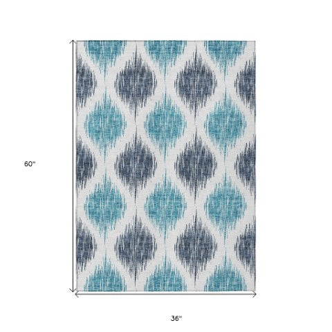 Homeroots 3' Stylish Artichoke Green Ivory Gray Ikat Washable Area Rug For Indoor Outdoor Spaces, Durable Design 3' X 5' Polyester 589080