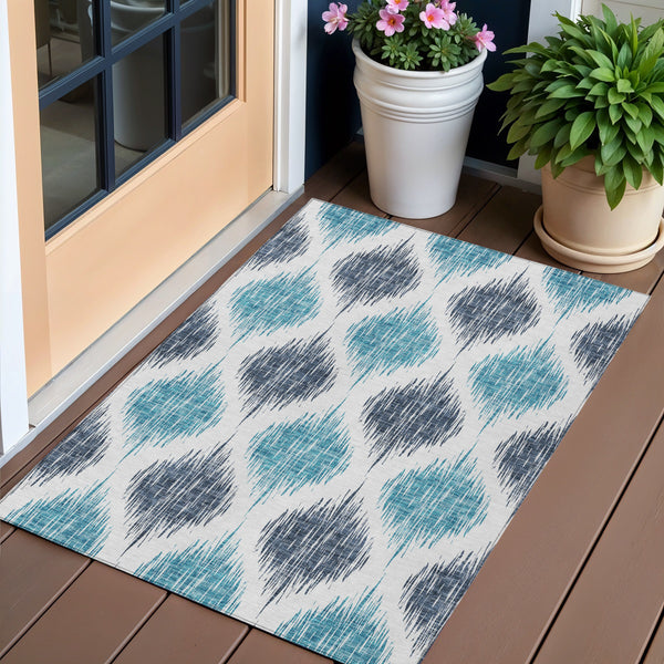 Homeroots 3' Stylish Artichoke Green Ivory Gray Ikat Washable Area Rug For Indoor Outdoor Spaces, Durable Design 3' X 5' Polyester 589080