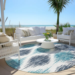 Homeroots 3' Stylish Artichoke Green Ivory Gray Ikat Washable Area Rug For Indoor Outdoor Spaces, Durable Design 8' Round Polyester 589082