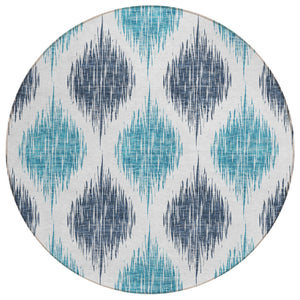 Homeroots 3' Stylish Artichoke Green Ivory Gray Ikat Washable Area Rug For Indoor Outdoor Spaces, Durable Design 8' Round Polyester 589082