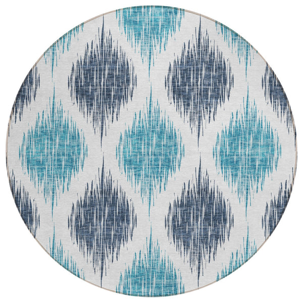 Homeroots 3' Stylish Artichoke Green Ivory Gray Ikat Washable Area Rug For Indoor Outdoor Spaces, Durable Design 8' Round Polyester 589082
