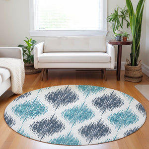 Homeroots 3' Stylish Artichoke Green Ivory Gray Ikat Washable Area Rug For Indoor Outdoor Spaces, Durable Design 8' Round Polyester 589082