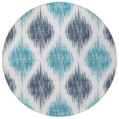 Homeroots 3' Stylish Artichoke Green Ivory Gray Ikat Washable Area Rug For Indoor Outdoor Spaces, Durable Design 8' Round Polyester 589082