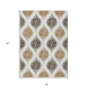 Homeroots 3' Stylish Artichoke Green Ivory Gray Ikat Washable Area Rug For Indoor Outdoor Spaces, Durable Design 3' X 5' Polyester 589086