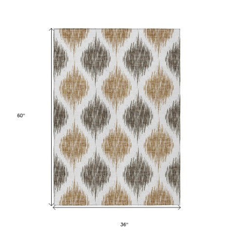 Homeroots 3' Stylish Artichoke Green Ivory Gray Ikat Washable Area Rug For Indoor Outdoor Spaces, Durable Design 3' X 5' Polyester 589086