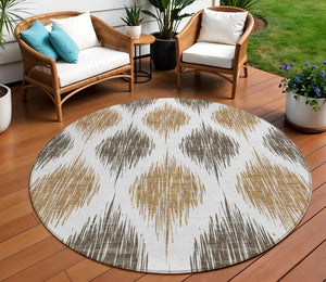 Homeroots 3' Stylish Artichoke Green Ivory Gray Ikat Washable Area Rug For Indoor Outdoor Spaces, Durable Design 8' Round Polyester 589088
