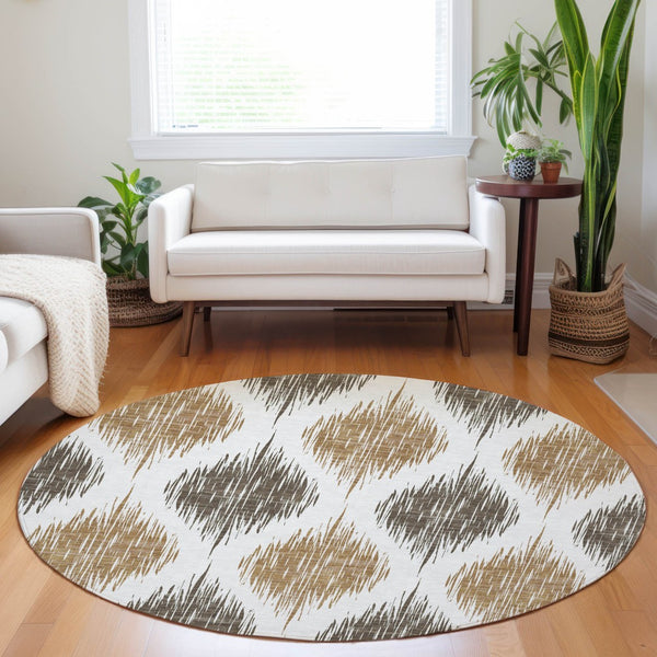 Homeroots 3' Stylish Artichoke Green Ivory Gray Ikat Washable Area Rug For Indoor Outdoor Spaces, Durable Design 8' Round Polyester 589088