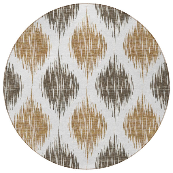 Homeroots 3' Stylish Artichoke Green Ivory Gray Ikat Washable Area Rug For Indoor Outdoor Spaces, Durable Design 8' Round Polyester 589088