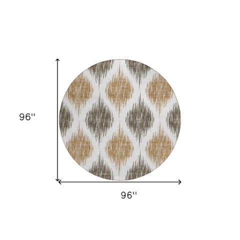 Homeroots 3' Stylish Artichoke Green Ivory Gray Ikat Washable Area Rug For Indoor Outdoor Spaces, Durable Design 8' Round Polyester 589088