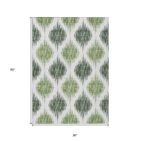 Homeroots 3' Stylish Artichoke Green Ivory Gray Ikat Washable Area Rug For Indoor Outdoor Spaces, Durable Design 3' X 5' Polyester 589092
