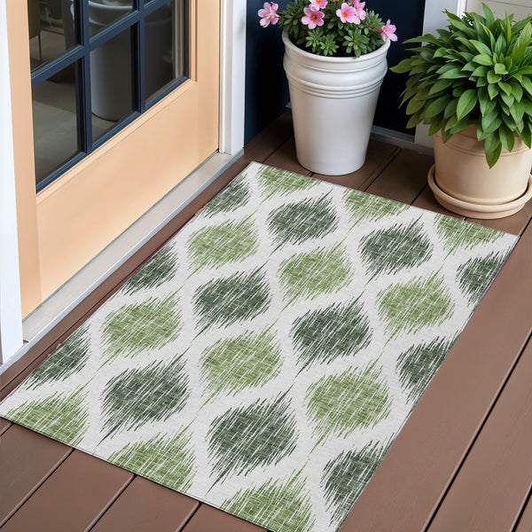 Homeroots 3' Stylish Artichoke Green Ivory Gray Ikat Washable Area Rug For Indoor Outdoor Spaces, Durable Design 3' X 5' Polyester 589092