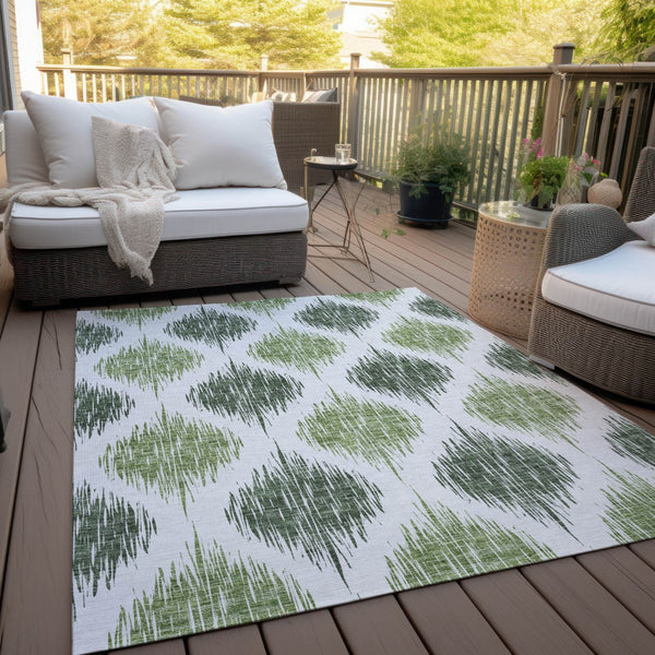Homeroots 3' Stylish Artichoke Green Ivory Gray Ikat Washable Area Rug For Indoor Outdoor Spaces, Durable Design 5' X 8' Polyester 589093