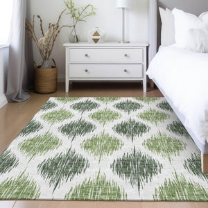 Homeroots 3' Stylish Artichoke Green Ivory Gray Ikat Washable Area Rug For Indoor Outdoor Spaces, Durable Design 5' X 8' Polyester 589093