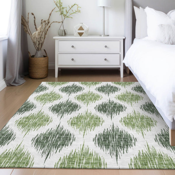 Homeroots 3' Stylish Artichoke Green Ivory Gray Ikat Washable Area Rug For Indoor Outdoor Spaces, Durable Design 5' X 8' Polyester 589093