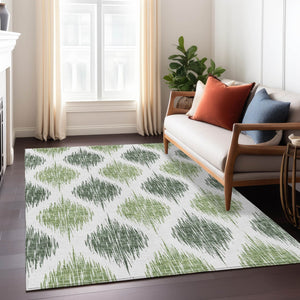 Homeroots 3' Stylish Artichoke Green Ivory Gray Ikat Washable Area Rug For Indoor Outdoor Spaces, Durable Design 5' X 8' Polyester 589093