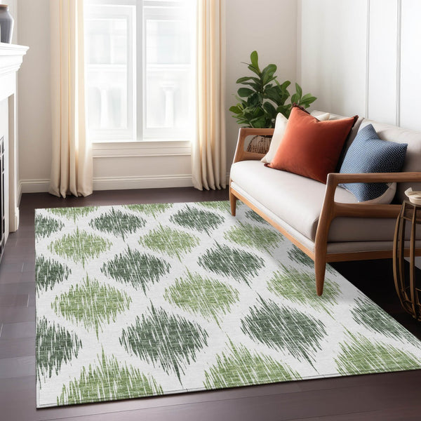 Homeroots 3' Stylish Artichoke Green Ivory Gray Ikat Washable Area Rug For Indoor Outdoor Spaces, Durable Design 5' X 8' Polyester 589093