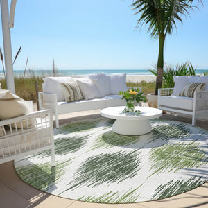 Homeroots 3' Stylish Artichoke Green Ivory Gray Ikat Washable Area Rug For Indoor Outdoor Spaces, Durable Design 8' Round Polyester 589094