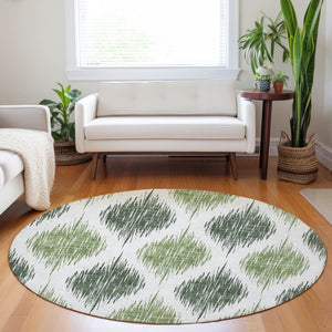 Homeroots 3' Stylish Artichoke Green Ivory Gray Ikat Washable Area Rug For Indoor Outdoor Spaces, Durable Design 8' Round Polyester 589094