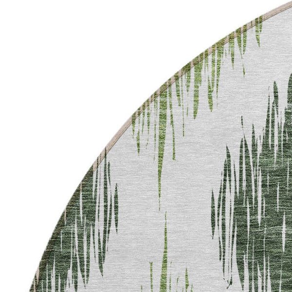 Homeroots 3' Stylish Artichoke Green Ivory Gray Ikat Washable Area Rug For Indoor Outdoor Spaces, Durable Design 8' Round Polyester 589094