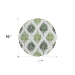 Homeroots 3' Stylish Artichoke Green Ivory Gray Ikat Washable Area Rug For Indoor Outdoor Spaces, Durable Design 8' Round Polyester 589094