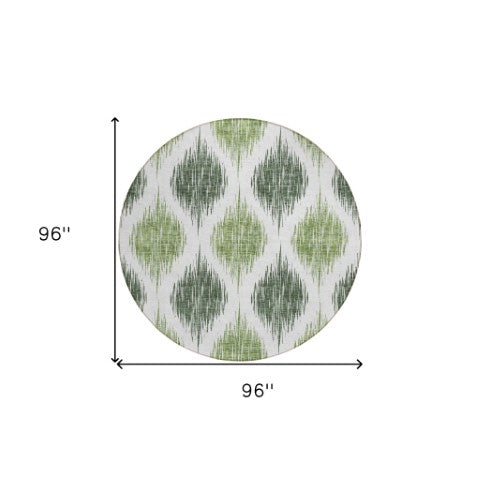 Homeroots 3' Stylish Artichoke Green Ivory Gray Ikat Washable Area Rug For Indoor Outdoor Spaces, Durable Design 8' Round Polyester 589094