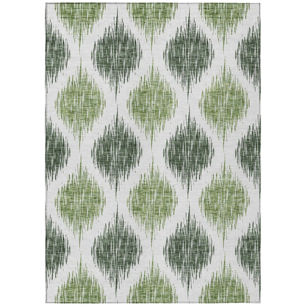 Homeroots 3' Stylish Artichoke Green Ivory Gray Ikat Washable Area Rug For Indoor Outdoor Spaces, Durable Design 9' X 12' Polyester 589096