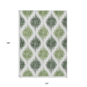 Homeroots 3' Stylish Artichoke Green Ivory Gray Ikat Washable Area Rug For Indoor Outdoor Spaces, Durable Design 10' X 14' Polyester 589097