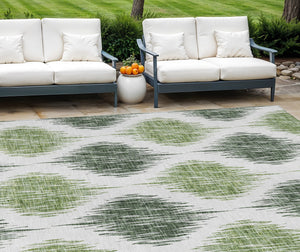 Homeroots 3' Stylish Artichoke Green Ivory Gray Ikat Washable Area Rug For Indoor Outdoor Spaces, Durable Design 10' X 14' Polyester 589097