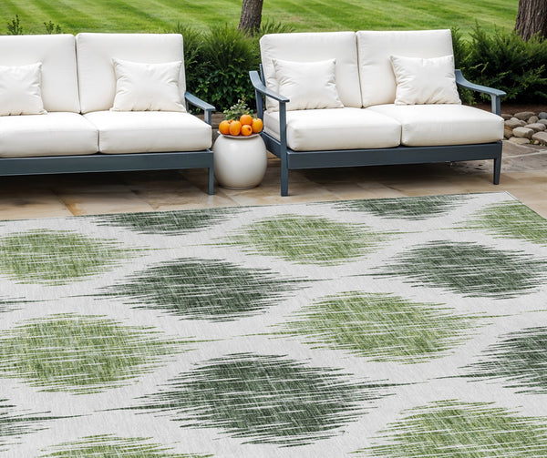 Homeroots 3' Stylish Artichoke Green Ivory Gray Ikat Washable Area Rug For Indoor Outdoor Spaces, Durable Design 10' X 14' Polyester 589097