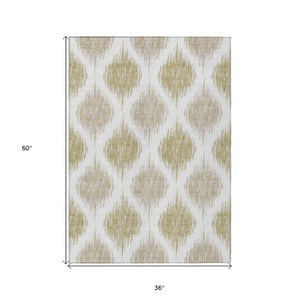 Homeroots 3' Stylish Artichoke Green Ivory Gray Ikat Washable Area Rug For Indoor Outdoor Spaces, Durable Design 3' X 5' Polyester 589098