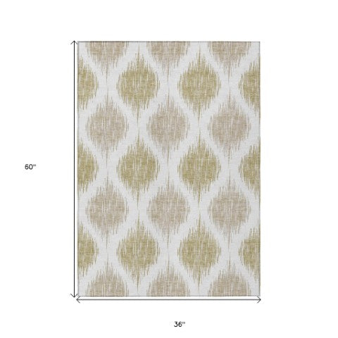 Homeroots 3' Stylish Artichoke Green Ivory Gray Ikat Washable Area Rug For Indoor Outdoor Spaces, Durable Design 3' X 5' Polyester 589098
