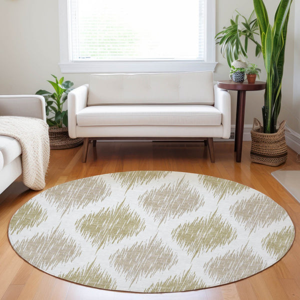 Homeroots 3' Stylish Artichoke Green Ivory Gray Ikat Washable Area Rug For Indoor Outdoor Spaces, Durable Design 8' Round Polyester 589100