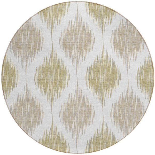 Homeroots 3' Stylish Artichoke Green Ivory Gray Ikat Washable Area Rug For Indoor Outdoor Spaces, Durable Design 8' Round Polyester 589100