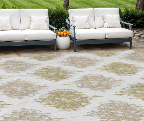 Homeroots 3' Stylish Artichoke Green Ivory Gray Ikat Washable Area Rug For Indoor Outdoor Spaces, Durable Design 8' X 10' Polyester 589101