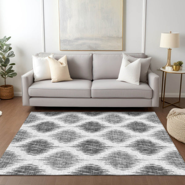 Homeroots 3' Stylish Artichoke Green Ivory Gray Ikat Washable Area Rug For Indoor Outdoor Spaces, Durable Design 5' X 8' Polyester 589105