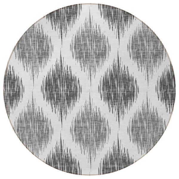 Homeroots 3' Stylish Artichoke Green Ivory Gray Ikat Washable Area Rug For Indoor Outdoor Spaces, Durable Design 8' Round Polyester 589106