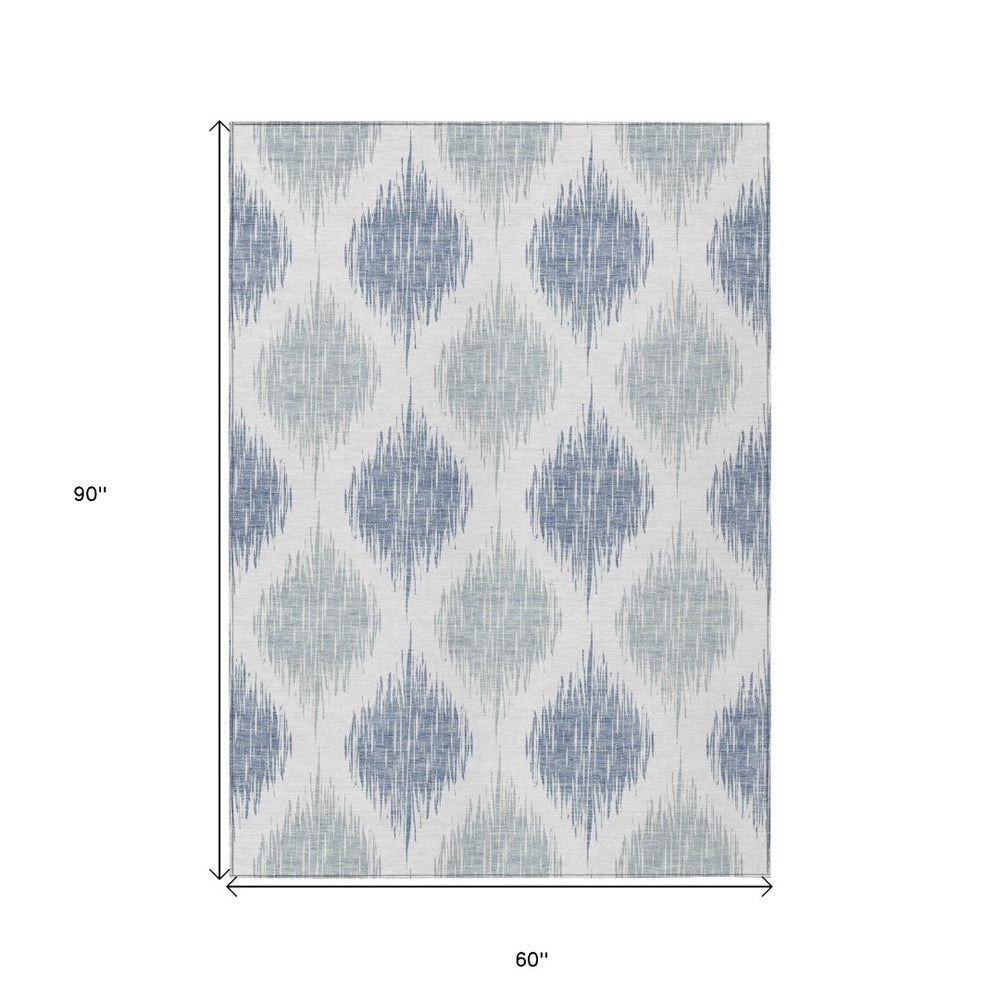 HomeRoots 5' Stylish Sky Blue Ikat Area Rug - Durable Polyester for Indoor/Outdoor Use, Stain Resistant & Washable 5' X 8' 589123